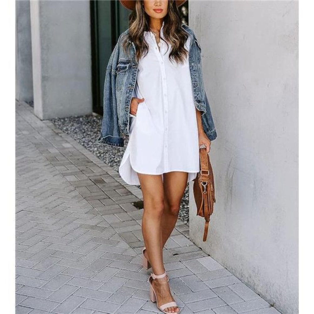 Women's Casual Loose Fit Long Sleeve Solid Striped Button Down Shirt Dress White - Picture 6 of 7